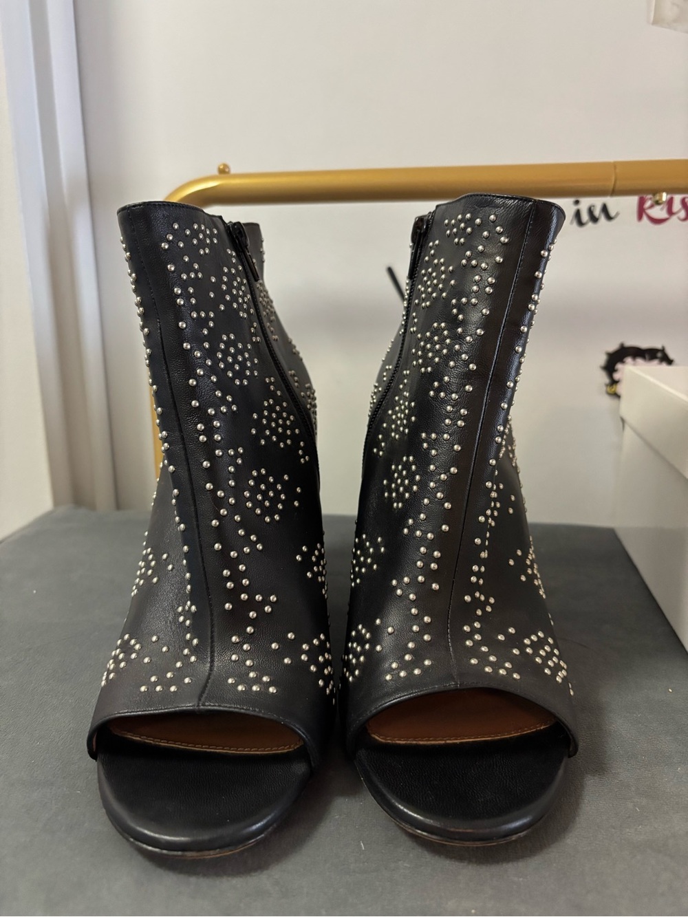 Studded Black Peep-Toe Ankle Boots